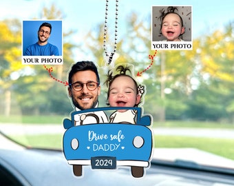 Personalized Photo Ornament in Car for Dad, Funny Customized Drive Safe Daddy Acrylic Hanger Gift Idea for Husband, Dad Birthday Gift