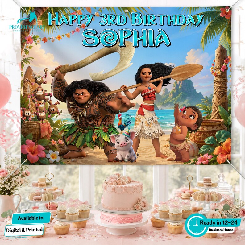 Personalized Moana Birthday Backdrop, Tropical Island Party Banner bild 3