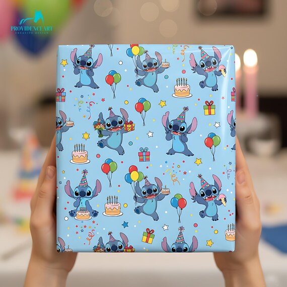 Disney Stitch Birthday Wrapping Paper, Blue Alien Theme Party Supplies and Festive Gift Wrap