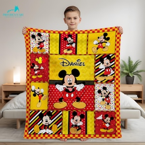 Custom Name Mickey Mouse Blanket, Personalized Mickey Birthday Blanket for Boys, Kids Christmas Fleece Blanket Gift Ideas
