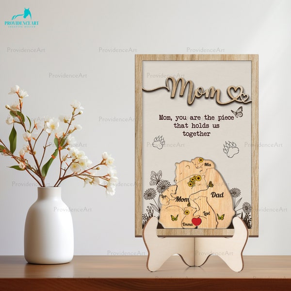 Custom Bear Family Puzzle Wooden Sign Mothers Day Gift for Mama, Personalized Puzzle Pieces Sign Birthday Gift Idea for Her