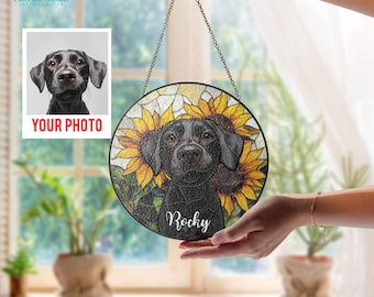 Custom Pet Portrait Stained Glass Sunflower Suncatcher: Dog Memorial Gift