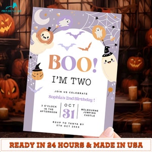 Editable Boo I&#39;m Two Birthday Invitation Template, Halloween Pink Ghost Girl Spooktacular 2nd Birthday Party Invite, Digital Download