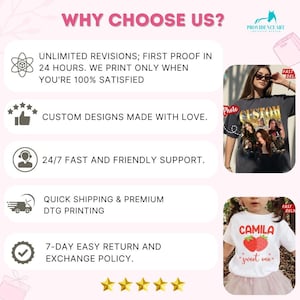 May include: A graphic showing the benefits of using a custom design service. The graphic includes icons representing unlimited revisions, custom designs, 24/7 support, quick shipping, and a 7-day return policy. The text "WHY CHOOSE US?" is at the top of the graphic. The graphic also includes two images of t-shirts with custom designs.