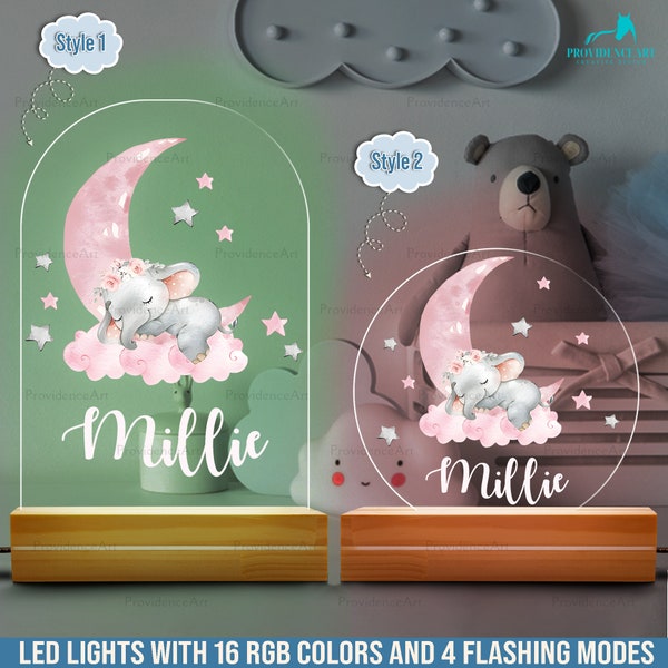 Personalized Elephant Night Light for Baby Girls, Custom Name Pink Baby Elephant Cloud Birthday Gifts for Girls