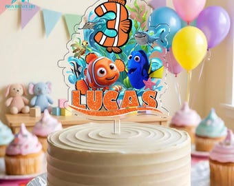 Adorno personalizado para pastel de Buscando a Nemo, decoración para fiestas con nombre y edad personalizados.