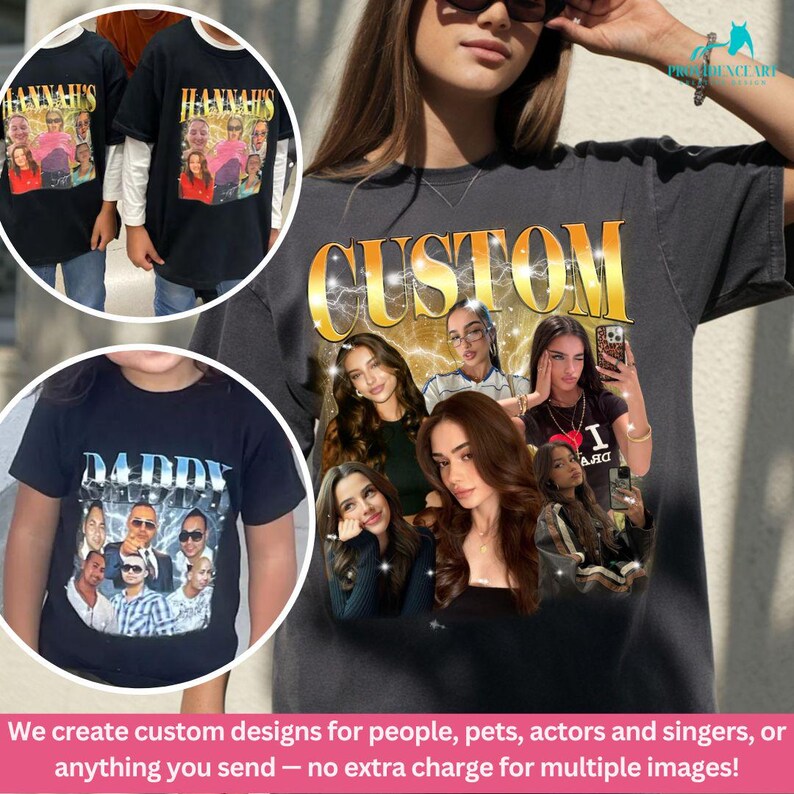 May include: Three t-shirts with custom designs featuring multiple images of people. The shirts are black and have a vintage aesthetic. The text "CUSTOM" is printed in gold on one of the shirts. The text "DADDY" is printed in blue on another shirt. The text "HANNAH'S" is printed in white on the third shirt.