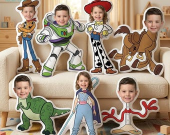 Cuscino personalizzato con la faccia di Toy Story, peluche personalizzato con foto del personaggio.