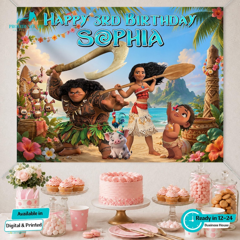Personalized Moana Birthday Backdrop, Tropical Island Party Banner bild 1