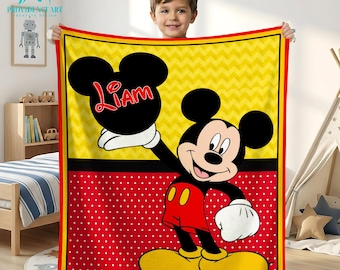 Personalized Mickey Mouse Blanket, Custom Name Fleece Throw for Boys Birthday Gift