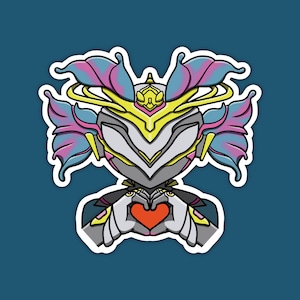May include: A sticker featuring a stylized robotic character with a grey head, yellow crown-like detail, and flowing blue and purple hair-like structures. The character has grey hands forming a heart shape around a solid red heart icon.