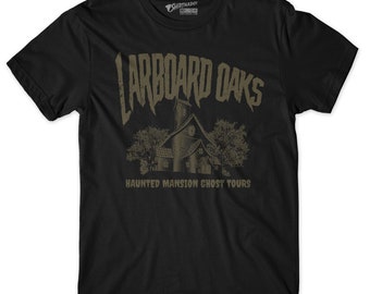 May include: Black t-shirt with a brown graphic of a haunted mansion and the text "Larboard Oaks Haunted Mansion Ghost Tours".