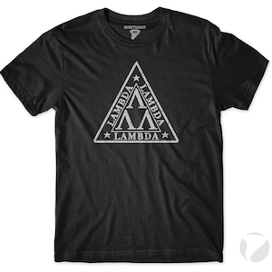 May include: Black t-shirt with a white triangle graphic featuring the word "Lambda" repeated three times and a star on each side of the triangle.