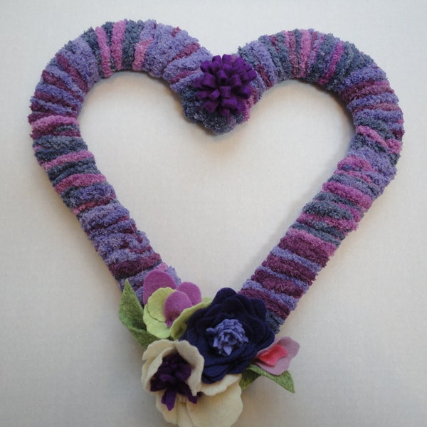 Yarn Wrapped Wreath, Felt Flowers, Heart Shape, 12 inches, Purples