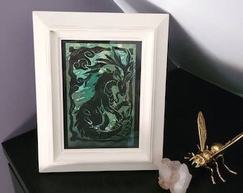 Framed Forest Kirin Linocut Block Print