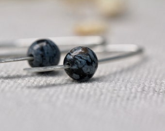 Mia Snowflake Obsidian Wire Earrings | Sterling Silver Earrings | Minimalist Earrings | Handmade Jewellery | Dangly Earrings | Gifts For Her