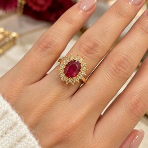 Vintage Style Ruby Red Cocktail Ring, Princess Diana Inspired Oval Faux Ruby Ring, Gold Tone Statement Ring, Costume Jewelry, Gift Boxed