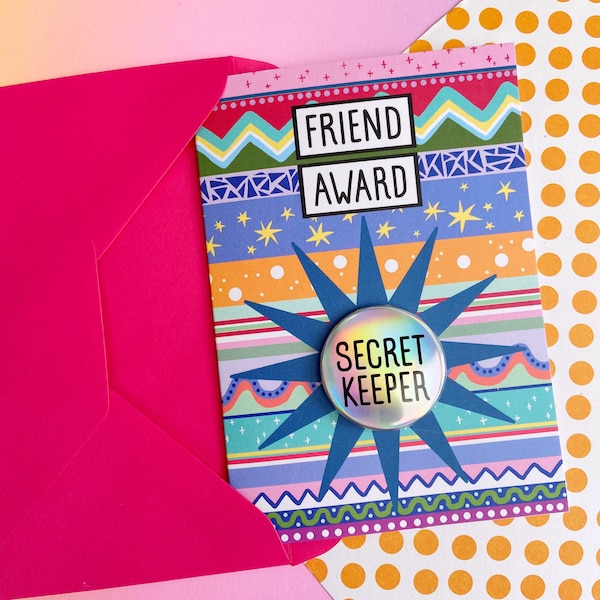 Friendship Card, Secret Keeper Friend, Card With Badge, Relationship Friend Anniversary, Illustrated Greetings Card, Holo Badge, Award