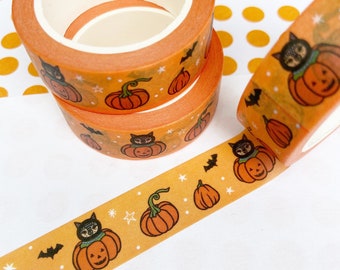 Halloween Washi Tape - Black Cat And Pumpkin, Illustrated Unique Decorative Paper Masking Tape, Scrapbooking Accessory, Bullet Journal