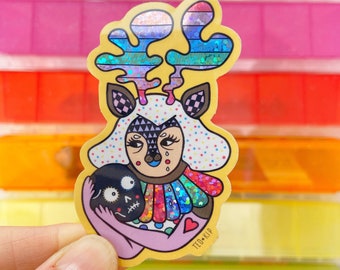 Rainbow Clown Glitter Vinyl Sticker, Deer Fawn Character, Super Shiny