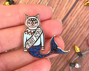 Christmas Enamel Pin, Cat Pin, Mermaid Pin, Festive, Cute Christmas Pin, Cat Gift, Small Christmas Gift, Stocking Filler, Kawaii