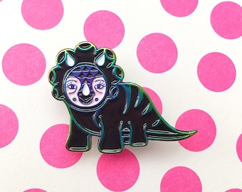 Dinosaur Enamel Pin, Rainbow Metal And Black Enamel Cute Small Pin Badge, Triceratops Dino Lover's Gift