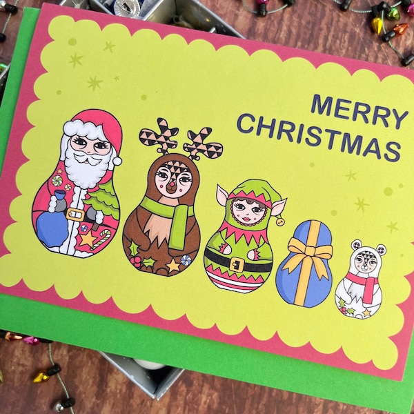 Christmas Card With Festive Russian Dolls, Merry Christmas, Illustrated Holiday Card, Quirky, Colourful Unusual Nesting Babushka Xmas Card