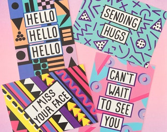 Set of EIGHT Postcards - Bright Patterned Missing You Letter Pack, Nineties Nostalgia Retro Patterns