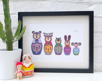 Animal Russian Doll Wall Print, Illustrated Matryoshka Poster Art, Bear Deer Owl Rabbit Mouse Nesting Doll Babushka