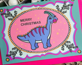 Dinosaur Christmas Card, Luxury Dino Merry Christmas, Illustrated Holiday Card, Quirky, Colourful Unusual Xmas Kitsch Fun