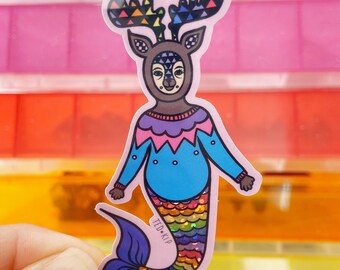 Rainbow Mermaid Deer Glitter Vinyl Sticker, Fawn Character, Super Shiny, Magical Creature