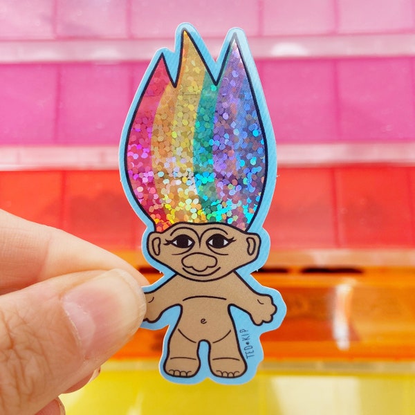 Rainbow Troll Glitter Vinyl Sticker, 90s Toy Doll Character, Super Shiny