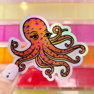 Octopus Sticker, Holographic Vinyl Sticker, Sea Creature, Ocean, Leopard Print, Super Shiny, Waterproof Cool Colourful Iridescent, Rainbow