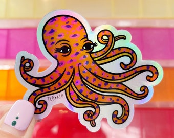 Octopus Sticker, Holographic Vinyl Sticker, Sea Creature, Ocean, Leopard Print, Super Shiny, Waterproof Cool Colourful Iridescent, Rainbow