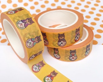 Cat Washi Tape, Yellow Russian Doll Bright Cats Illustrated Unique Decorative Paper Masking Tape, Scrapbooking Accessory, Bullet Journal