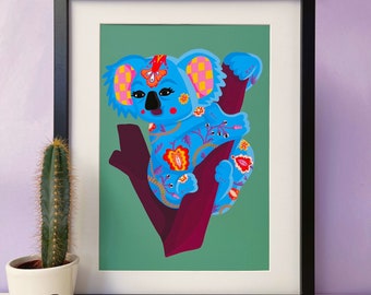 Koala Print, A4 or A3 Flower Paisley Style Art Print, Abstract Pattern Colourful, Unusual Fine Art Contemporary Funky Wall Decor