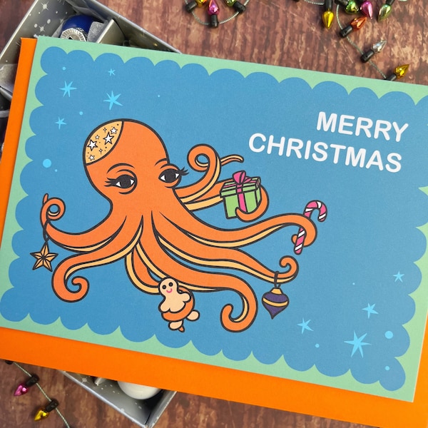Christmas Card With Festive Octopus, Merry Christmas, Illustrated Holiday Card, Quirky, Colourful Unusual Sea Creature Xmas Pack Set