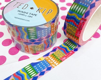 Patterned Washi Tape, Colourful Shapes Unique Decorative Paper Masking, Scrapbooking Accessory, Bullet Journal, Abstract, Nineties Nostalgia