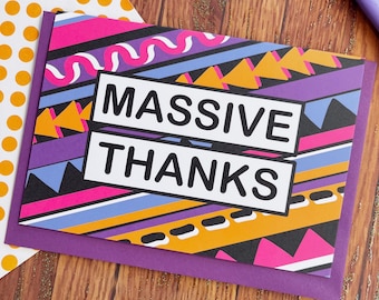 Thank You Card, Massive Thanks Friendship Jazzy, Mother’s Day, Anniversary, Illustrated Greetings Card, Appreciation, Bright Colourful 90s