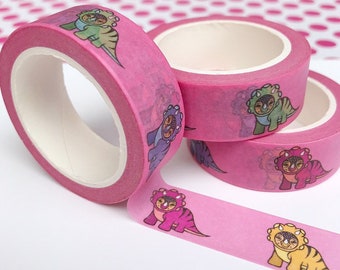 Pink Dinosaur Washi Tape, Illustrated Triceratops Decorative Paper Masking Tape, Scrapbooking Accessory, Bullet Journal