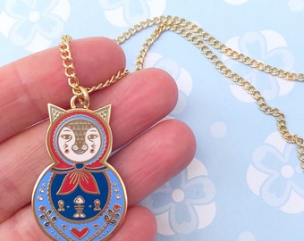 Quirky Cat Russian Doll Real Gold Plated Hard Enamel Pendant Necklace, Unique Jewellery For Cat Lovers With Gift Box