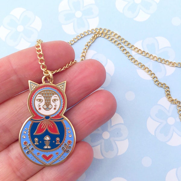 Chat bizarre poupée russe collier pendentif en émail dur plaqué or véritable, bijoux uniques pour les amoureux des chats avec boîte-cadeau