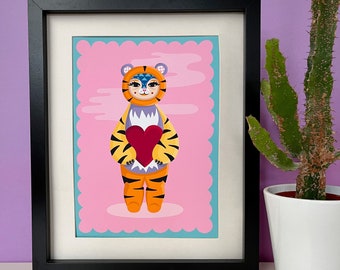 Tiger With A Heart Print, A4 or A3 Whimsical Style Art Print, Super Bright Pastel Colourful Funky Wall Decor