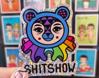Glitter Bear Sticker, Clown Vinyl Sticker, Sh*tshow Swearing Rude Cheeky Funny Glitter Sticker, Rainbow Waterproof Weatherproof Swear
