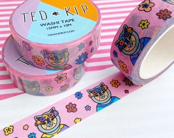 Cat Washi Tape, Flower Print Illustrated Unique Decorative Paper Masking Tape, Scrapbooking Accessory, Bullet Journal, Whimsical