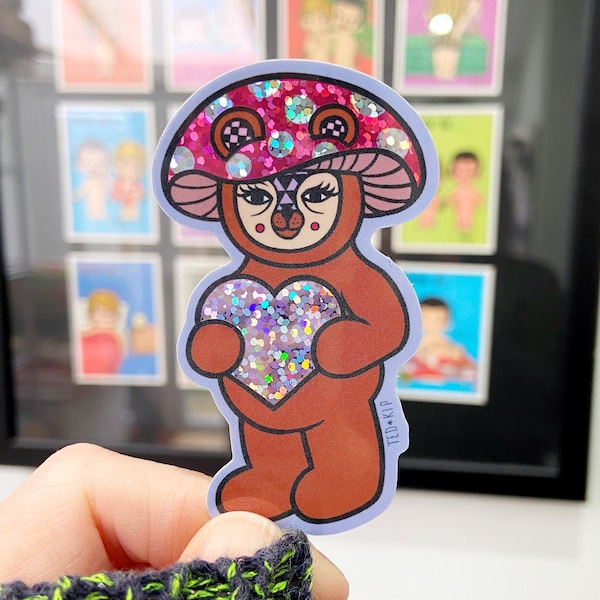 Bear Glitter Vinyl Sticker, Mushroom Teddy, Heart Love, Whimsical Character, Super Shiny