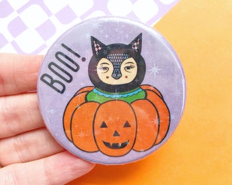 Large Holographic Halloween Cat And Pumpkin Button Badge