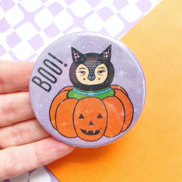 Grand badge holographique chat et citrouille d'Halloween