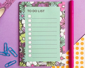 Notepad - A6 To Do List, Colourful Bright Retro Floral, Planner Organiser Flowers