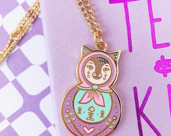 Cat Necklace - Russian Doll Pink Pastel Cat Pendant Necklace, Cat Lover's Gift